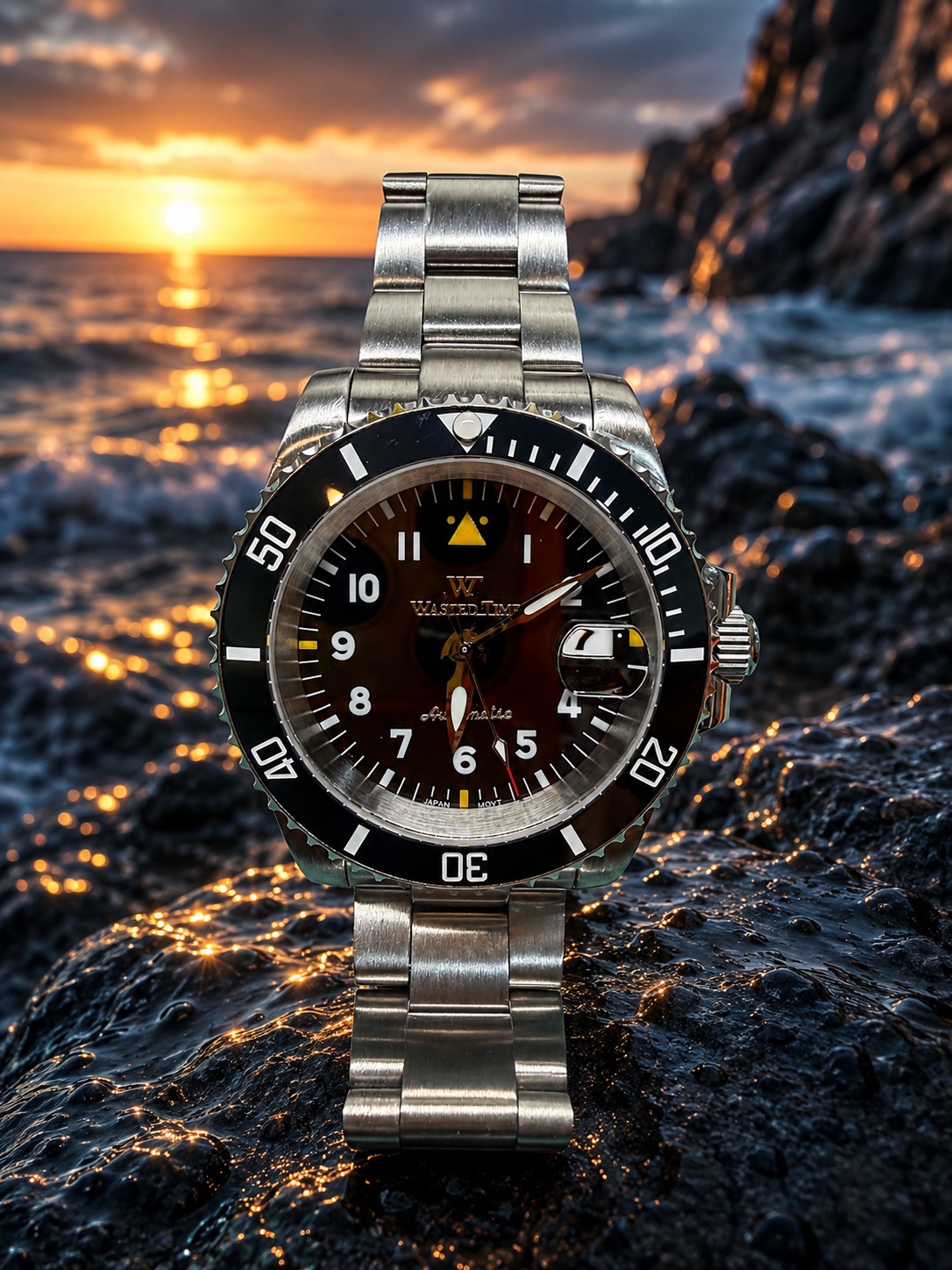 Black diver watch at ocean sunset