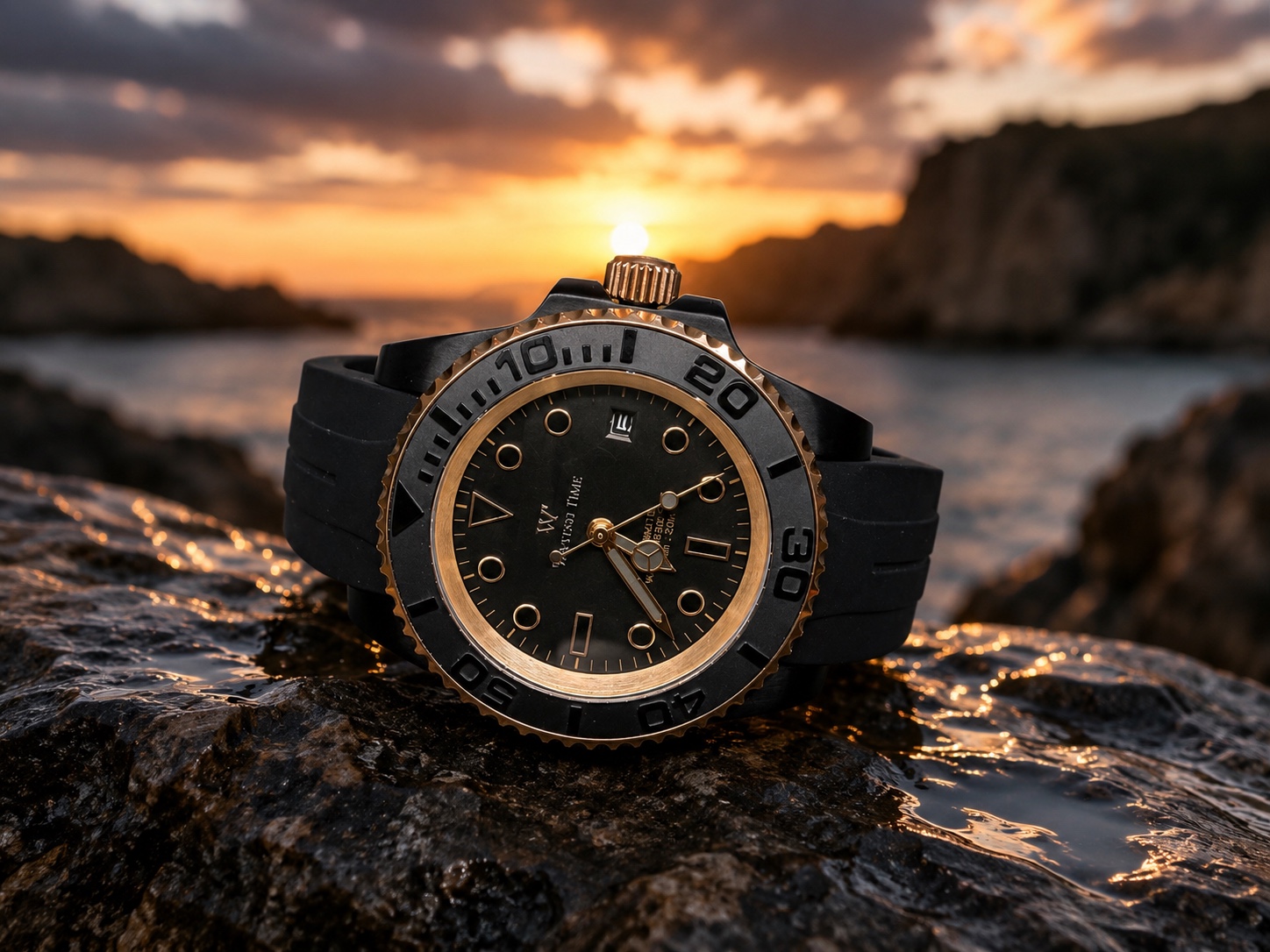 Black and gold Wasted Time sport watch at sunset