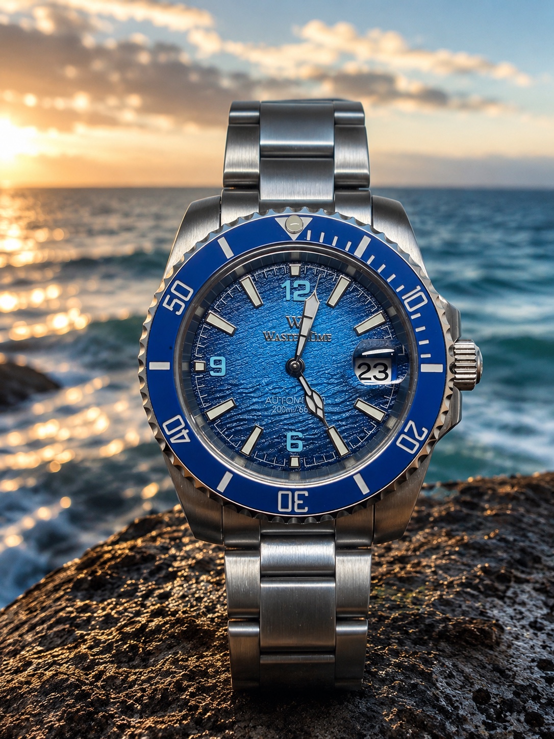 Blue Wasted Time diver watch by the ocean