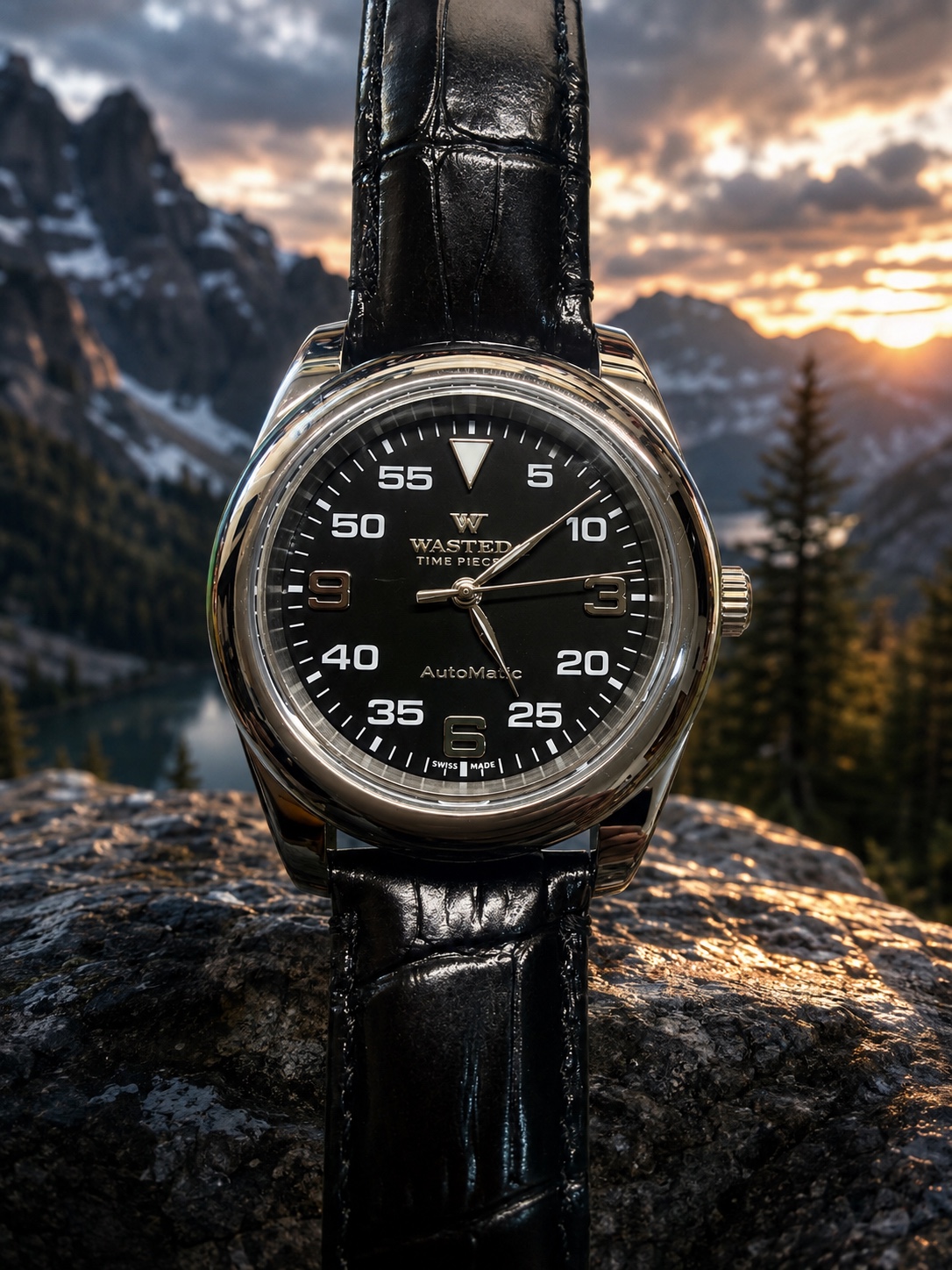 Black dial Wasted Time dress watch in mountains