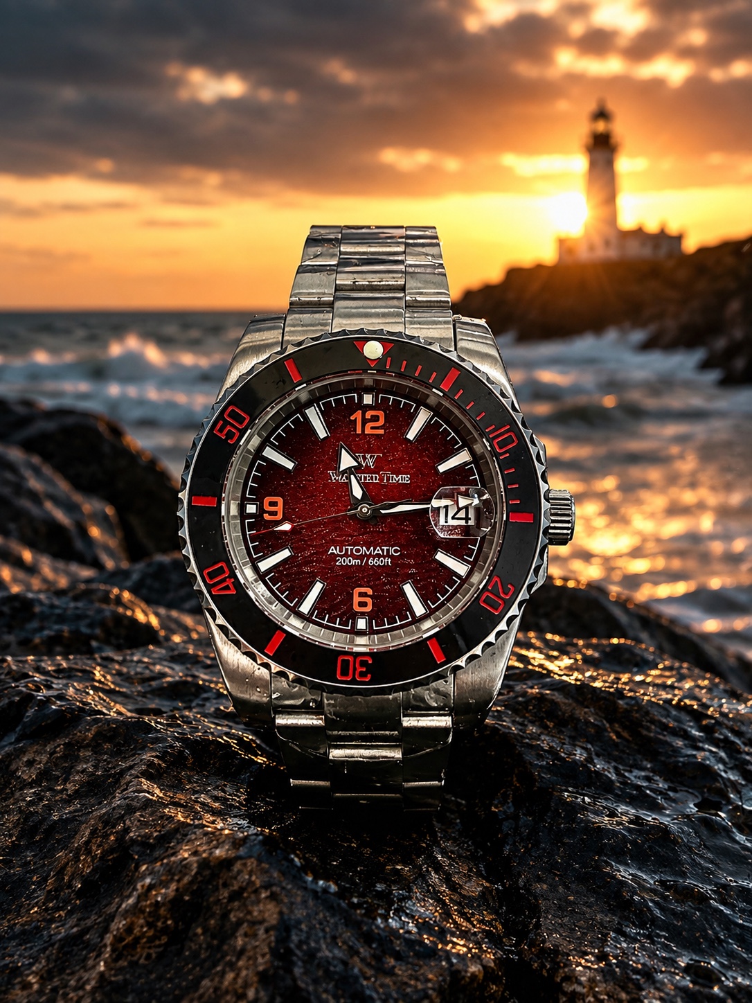 Red Wasted Time diver watch at sunset